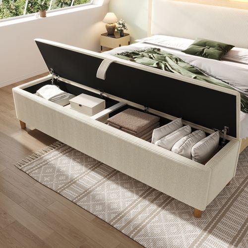 Banc Coffre 145x38x46 Cm Avec Rangement, Fonction Hydraulique, En Velours Côtelé, Beige