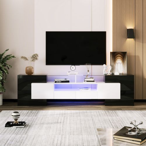 Meuble TV Moderne 200x35x60 Cm, Avec Éclairage LED, 6 Portes, 2 Tiroirs, Noir Et Blanc Brillant