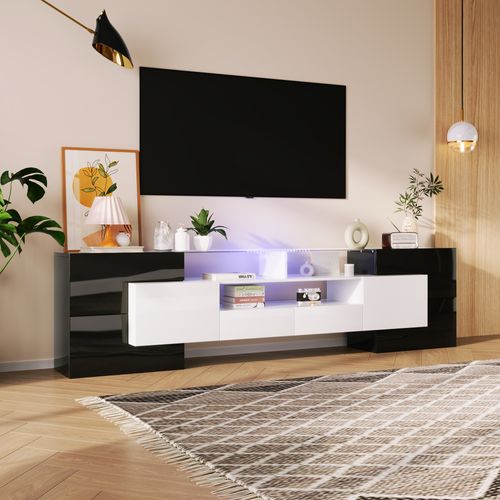 Meuble TV Moderne 200x35x60 Cm, Avec Éclairage LED, 6 Portes, 2 Tiroirs, Noir Et Blanc Brillant