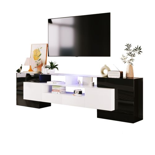 Meuble TV Moderne 200x35x60 Cm, Avec Éclairage LED, 6 Portes, 2 Tiroirs, Noir Et Blanc Brillant