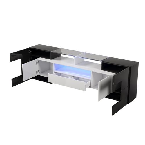 Meuble TV Moderne 200x35x60 Cm, Avec Éclairage LED, 6 Portes, 2 Tiroirs, Noir Et Blanc Brillant