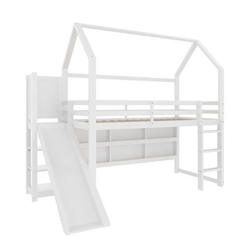 Lit Mezzanine 90x200cm Avec Toboggan, Éclairage LED, Cloisons Et Rambardes, Blanc.
