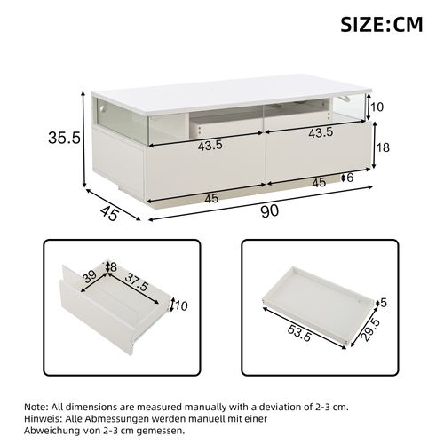 Table Basse Rectangulaire 90x45x35,5 Cm Avec 2 Tiroirs, LED, Espace De Rangement, En Mdf, Blanche
