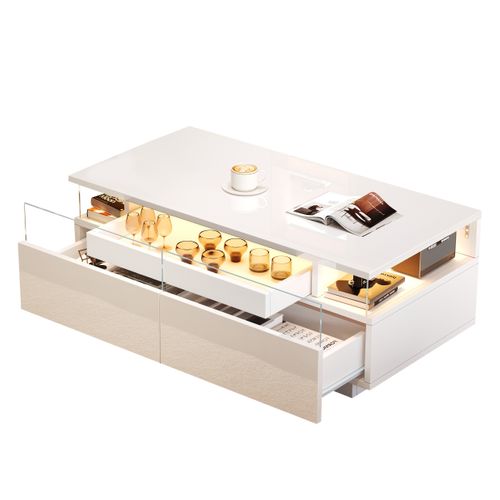 Table Basse Rectangulaire 90x45x35,5 Cm Avec 2 Tiroirs, LED, Espace De Rangement, En Mdf, Blanche