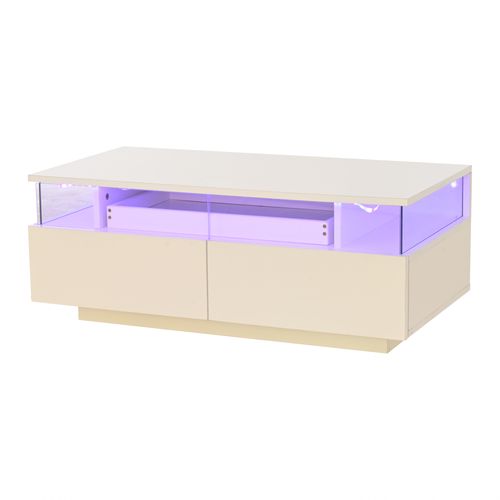 Table Basse Rectangulaire 90x45x35,5 Cm Avec 2 Tiroirs, LED, Espace De Rangement, En Mdf, Blanche