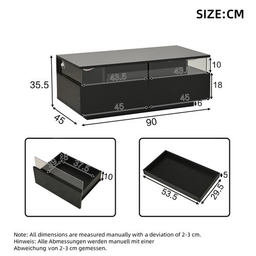 Table Basse Rectangulaire 90x45x35,5 Cm Avec 2 Tiroirs, LED, Espace De Rangement, Noire