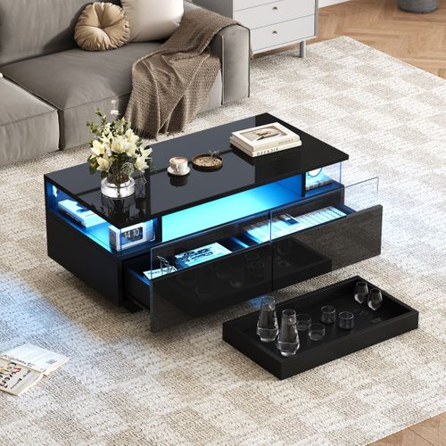 Table Basse Rectangulaire 90x45x35,5 Cm Avec 2 Tiroirs, LED, Espace De Rangement, Noire