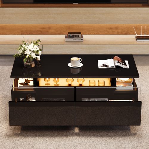 Table Basse Rectangulaire 90x45x35,5 Cm Avec 2 Tiroirs, LED, Espace De Rangement, Noire