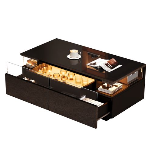 Table Basse Rectangulaire 90x45x35,5 Cm Avec 2 Tiroirs, LED, Espace De Rangement, Noire