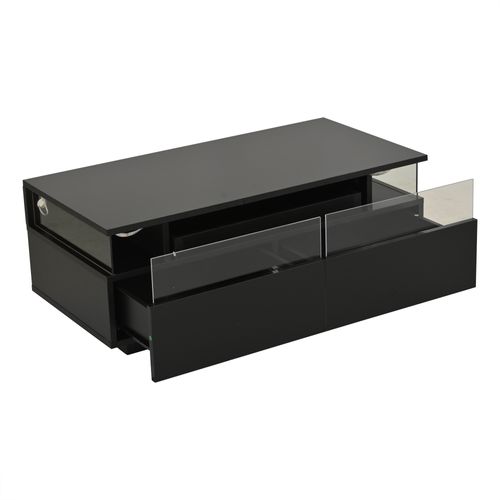 Table Basse Rectangulaire 90x45x35,5 Cm Avec 2 Tiroirs, LED, Espace De Rangement, Noire