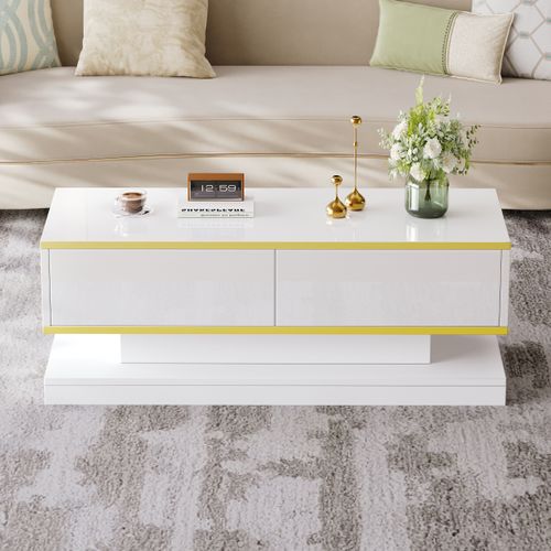 Table basse 100 cm blanc chaud brillante avec 2 tiroirs et finition dorée Panneaux Particules Blanc