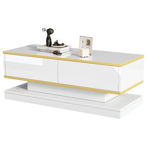 Table basse 100 cm blanc chaud brillante avec 2 tiroirs et finition dorée Panneaux Particules Blanc