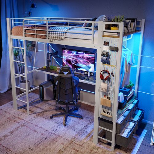 Lit Mezzanine Enfant 90x200 Cm, Lit Simple Avec 4 Tiroirs, Bureau, USB, Type-c Et LED, Métal, Blanc