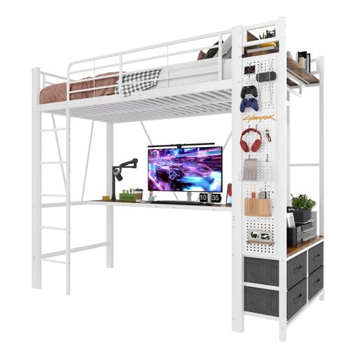 Lit Mezzanine Enfant 90x200 Cm, Lit Simple Avec 4 Tiroirs, Bureau, USB, Type-c Et LED, Métal, Blanc