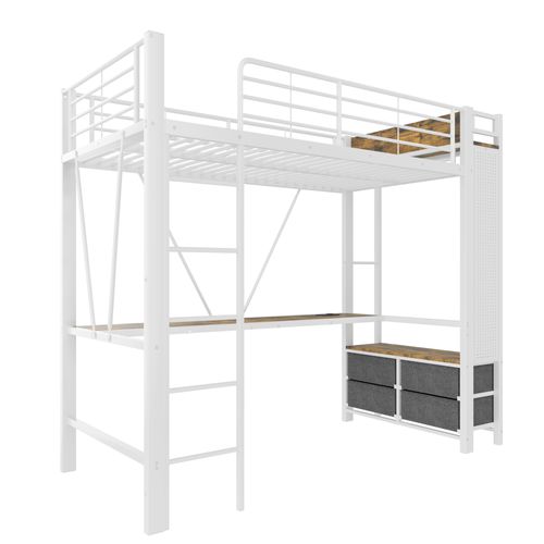 Lit Mezzanine Enfant 90x200 Cm, Lit Simple Avec 4 Tiroirs, Bureau, USB, Type-c Et LED, Métal, Blanc
