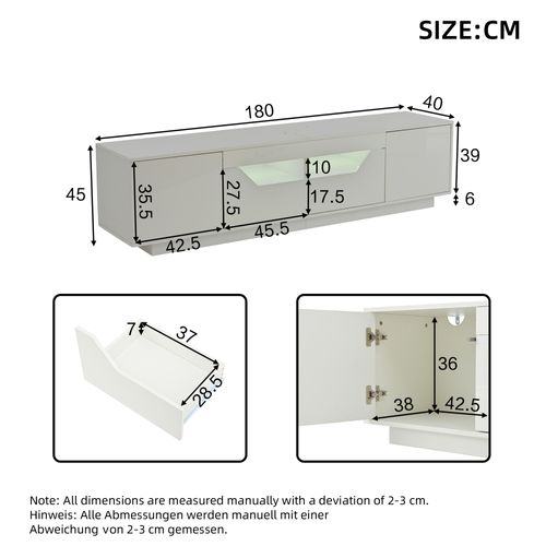 Meuble TV à Finition Brillante Avec 2 Tiroirs, 2 Casiers, LED, Rangements Ouverts, En Mdf, Blanc