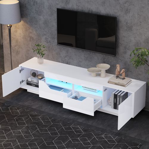 Meuble TV à Finition Brillante Avec 2 Tiroirs, 2 Casiers, LED, Rangements Ouverts, En Mdf, Blanc