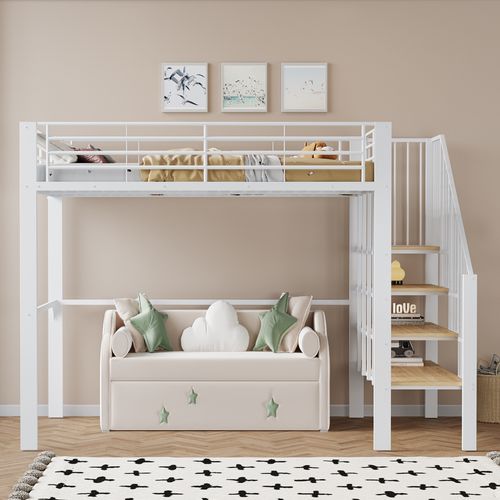 Lit Mezzanine 140x200cm, Avec Espace De Rangement Sous L'escalier, Structure Métallique, Blanc