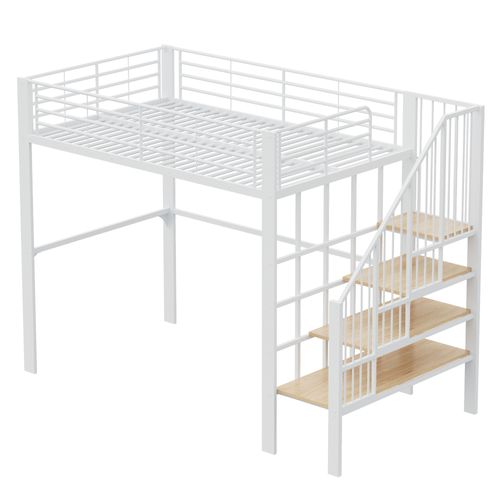 Lit Mezzanine 140x200cm, Avec Espace De Rangement Sous L'escalier, Structure Métallique, Blanc