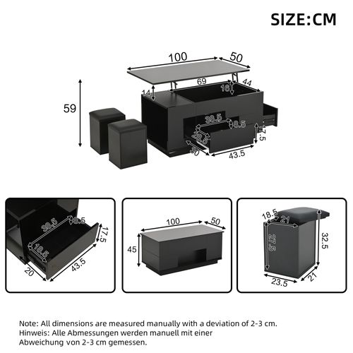 Table Basse Rectangulaire Réglable 100x50x45-59 Cm, 2 Tiroirs, LED, 2 Tabourets, Rangement, Noir