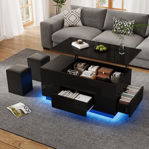 Table Basse Rectangulaire Réglable 100x50x45-59 Cm, 2 Tiroirs, LED, 2 Tabourets, Rangement, Noir