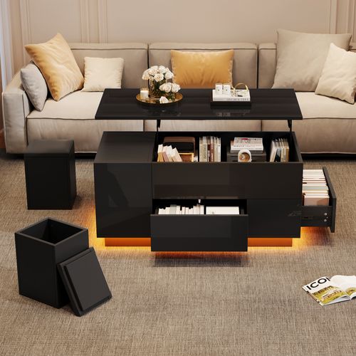 Table Basse Rectangulaire Réglable 100x50x45-59 Cm, 2 Tiroirs, LED, 2 Tabourets, Rangement, Noir