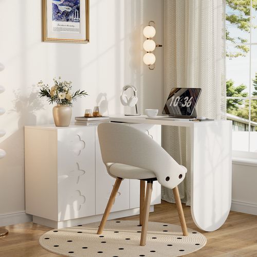 Bureau D'angle Extensible En L Avec 3 Portes, Table De Bureau, Mdf, Blanc