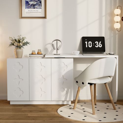 Bureau D'angle Extensible En L Avec 3 Portes, Table De Bureau, Mdf, Blanc