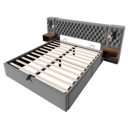 Lit Coffre 160x200 Cm Avec Chevets, Lampe De Lecture Et LED, Velours, Gris