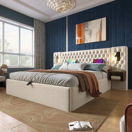 Lit Coffre 160x200 Cm Avec Chevets, Lampe De Lecture Et LED, Velours, Beige