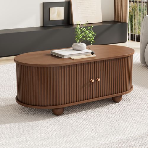 Table Basse Ovale 100x50x40 Cm Avec Rangement, 2 Portes Coulissantes, En Mdf, Couleur Marron