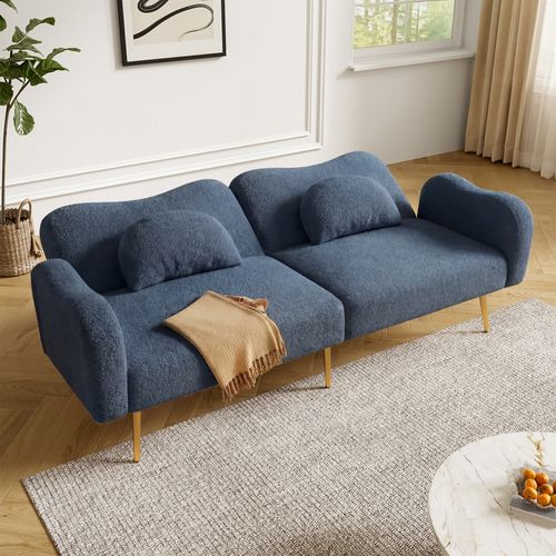 Canapé Convertible 2 Places Avec Dossier à 3 Positions, Accoudoirs, 2 Coussins, Mousse, Gris-bleu