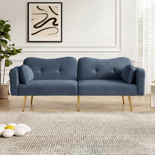 Canapé Convertible 2 Places Avec Dossier à 3 Positions, Accoudoirs, 2 Coussins, Mousse, Gris-bleu