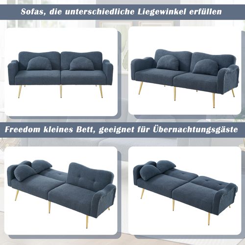 Canapé Convertible 2 Places Avec Dossier à 3 Positions, Accoudoirs, 2 Coussins, Mousse, Gris-bleu