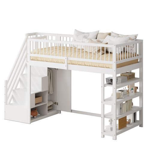 Lit Mezzanine 90x200 Cm Avec Placard, Étagères, Échelle Sécuritaire, En Bois, Blanc
