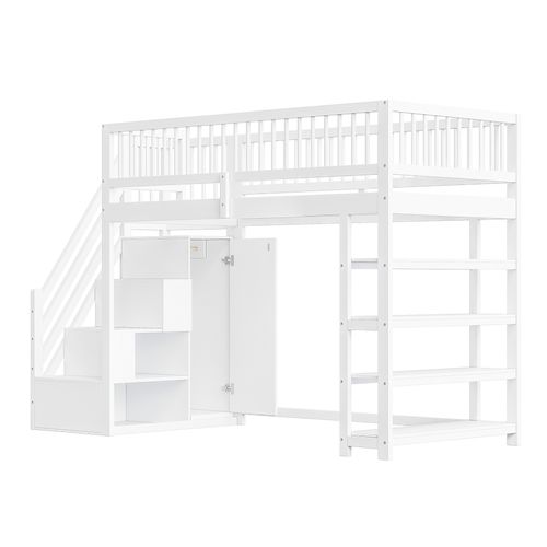 Lit Mezzanine 90x200 Cm Avec Placard, Étagères, Échelle Sécuritaire, En Bois, Blanc
