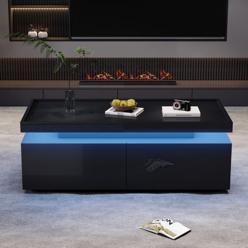 Table Basse Rectangulaire 95x45x35 Cm Avec 2 Tiroirs, LED, Rangements Ouverts,noire