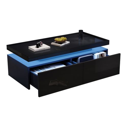 Table Basse Rectangulaire 95x45x35 Cm Avec 2 Tiroirs, LED, Rangements Ouverts,noire