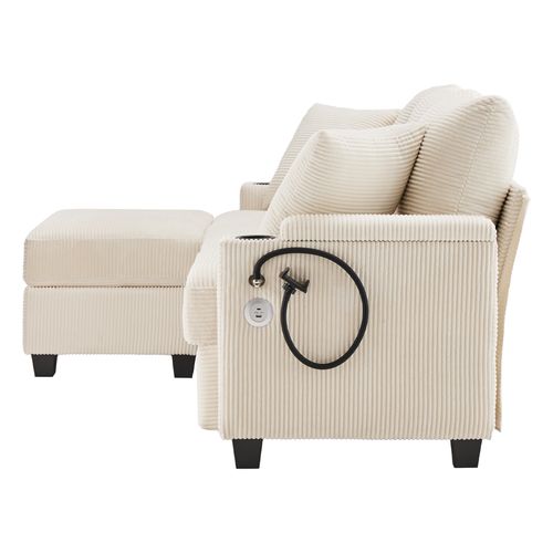Canapé Modulaire 3 Places Avec Ottoman, USB, Porte-gobelets, 2 Coussins, En Tissu, Beige
