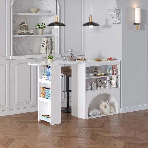 Table D'appoint 120(+80)×40×100 Cm Avec Motif Marbre, Passage Animal, En Mdf, Blanc