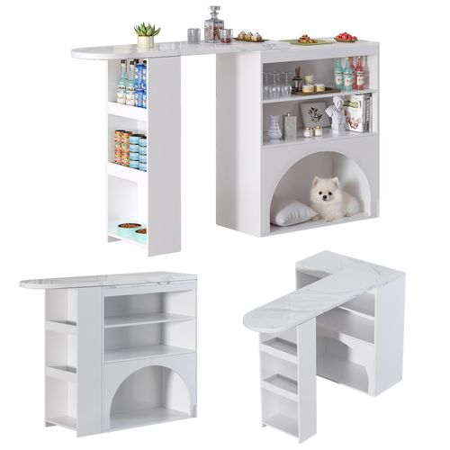 Table D'appoint 120(+80)×40×100 Cm Avec Motif Marbre, Passage Animal, En Mdf, Blanc