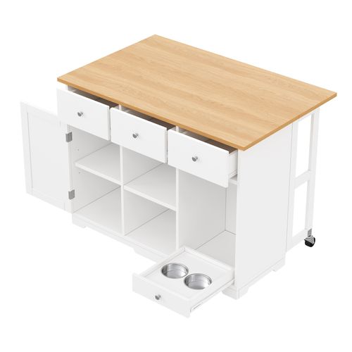 Îlot De Cuisine Extensible 120×70×90cm, Bac à Manger Inox, Étagère Réglable, 3 Tiroirs, Mdf, Blanc