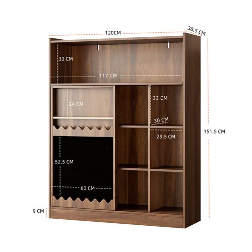 Étagère à Livres 120x38,5x151,5 Cm Avec Portes Coulissantes, 9 Compartiments Ouverts, Mdf, Marron