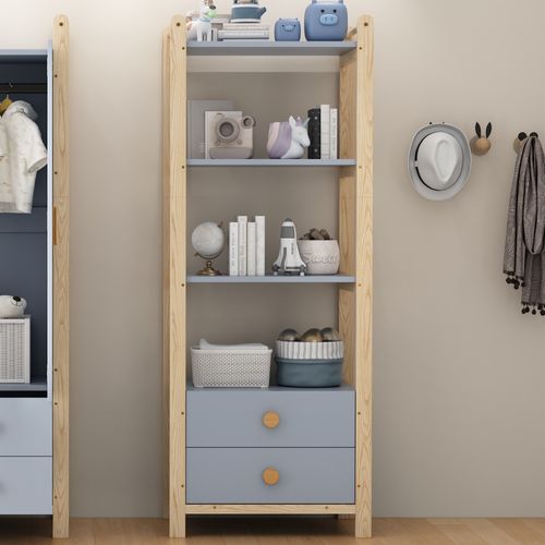 Étagère 70x44x180 Cm Avec 2 Tiroirs, 3 Étagères Ouvertes, Poignées, En Mdf, Bleu Et Chêne