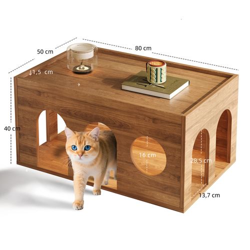 Table Basse Rectangulaire 80×50×40 Cm Avec Trous Pour Chat, Amical Aux Animaux, Mdf, Couleur Chêne