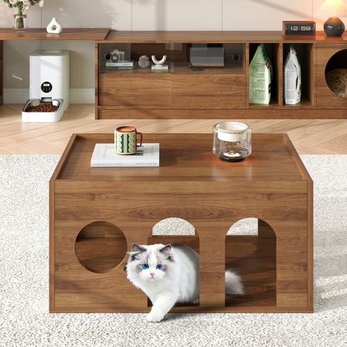 Table Basse Rectangulaire 80×50×40 Cm Avec Trous Pour Chat, Amical Aux Animaux, Mdf, Couleur Chêne