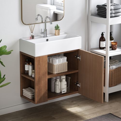 Meuble Lavabo Suspendu Et Vasque En Céramique 55 Cm Avec 1 Porte, Rangements Latéraux, Marron