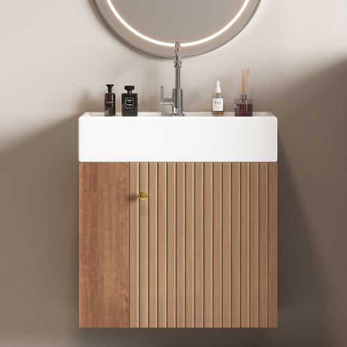 Meuble Lavabo Suspendu Et Vasque En Céramique 55 Cm Avec 1 Porte, Rangements Latéraux, Marron