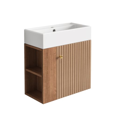 Meuble Lavabo Suspendu Et Vasque En Céramique 55 Cm Avec 1 Porte, Rangements Latéraux, Marron