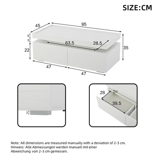 Table Basse Rectangulaire 95x45x35 Cm Avec 2 Tiroirs, LED, Rangements Ouverts, Blanche